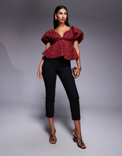 New Look jacquard puff sleeve top in burgundy, 3 of 4