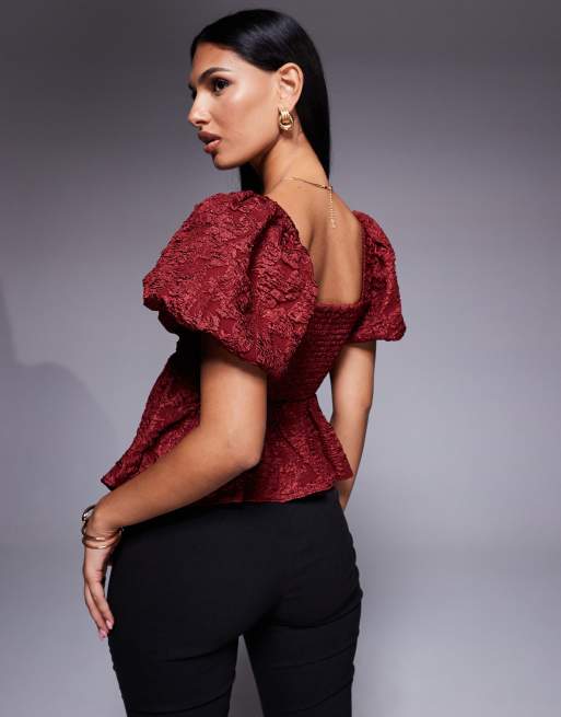 New Look jacquard puff sleeve top in burgundy, 4 of 4