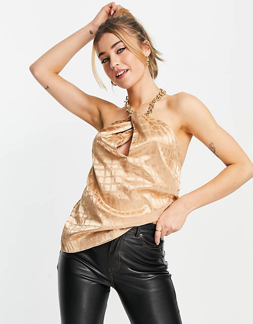 Women Shirts & Blouses/New Look jaquard halterneck top in gold 