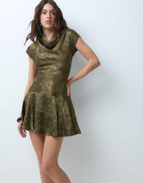New Look jaquard satin skater mini dress in khaki