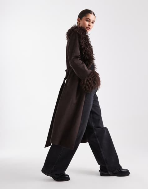 New Look - Jas van suedette en imitatiebont met riem in bruin - view 1