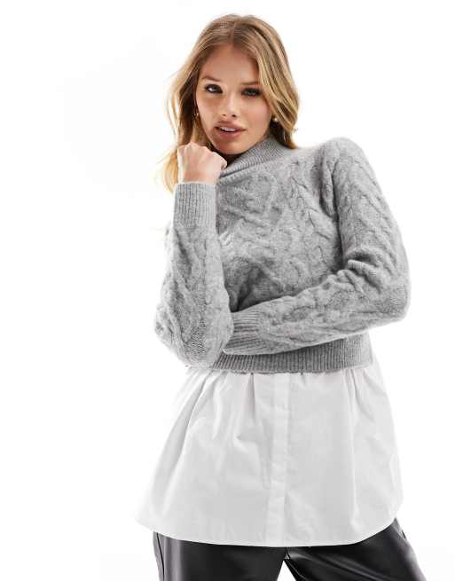 New Look – Jasnoszary sweter o warkoczowym splocie 2 w 1