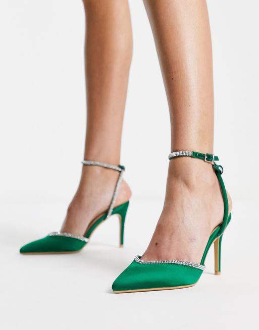 New Look – Jasnozielone satynowe buty na średnim obcasie z diamencikami i paskiem za kostką