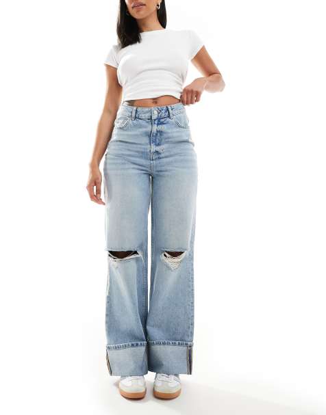 New Look - Jean ample déchiré avec ourlet retroussé - Bleu clair - view 1