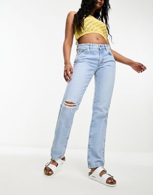 New Look low rise ripped straight jeans in light blue - ASOS Price Checker