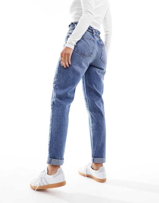 New Look Jean droit a taille haute froncee Bleu moyen ASOS