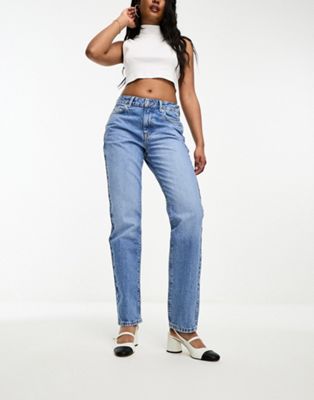 New Look midrise straight jeans in mid blue - ASOS Price Checker