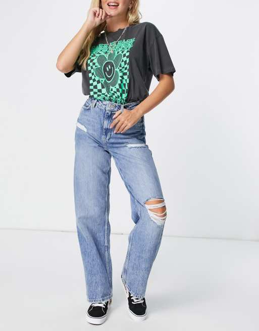 New Look - Jean droit long déchiré - Bleu clair