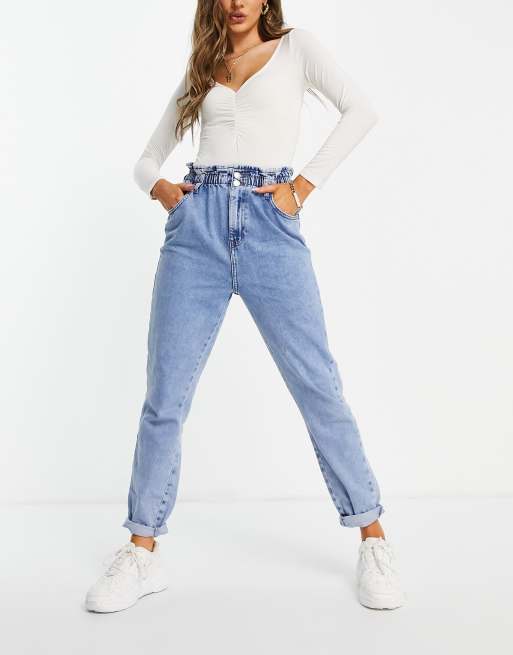 New Look Jean mom taille haute fronc e Bleu