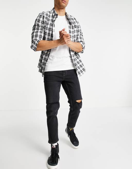 New Look - Jean raccourci coupe slim avec déchirures aux genoux - Noir