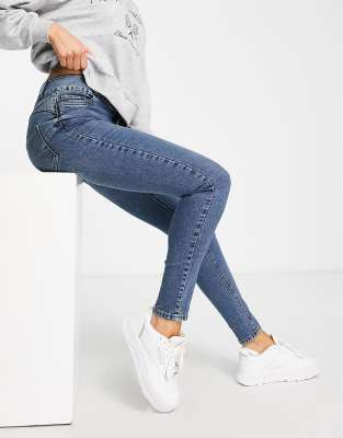 New Look - Jean skinny taille haute à deux boutons - Bleu vintage délavé