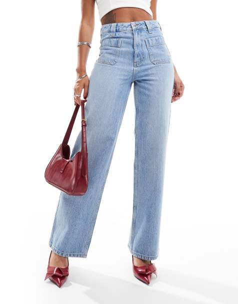 New Look - Jeans met wijde pijpen en opgestikte zak in middenblauw - view 1