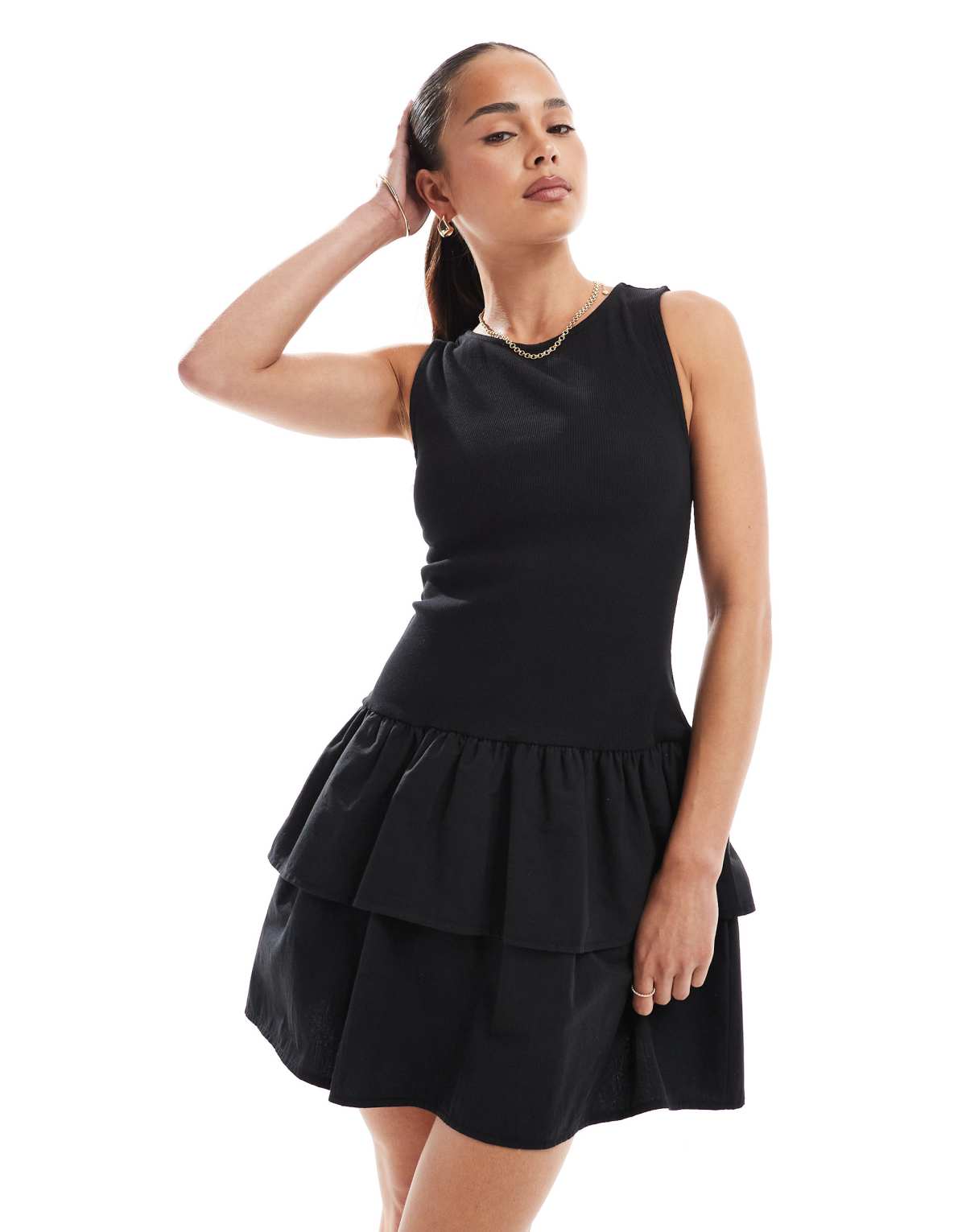 New Look jerey ribbed tiered skirt mini dress in black