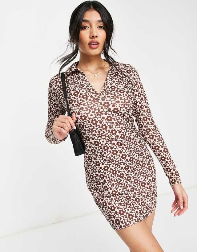 New Look jersey mini dress with collar in brown retro print