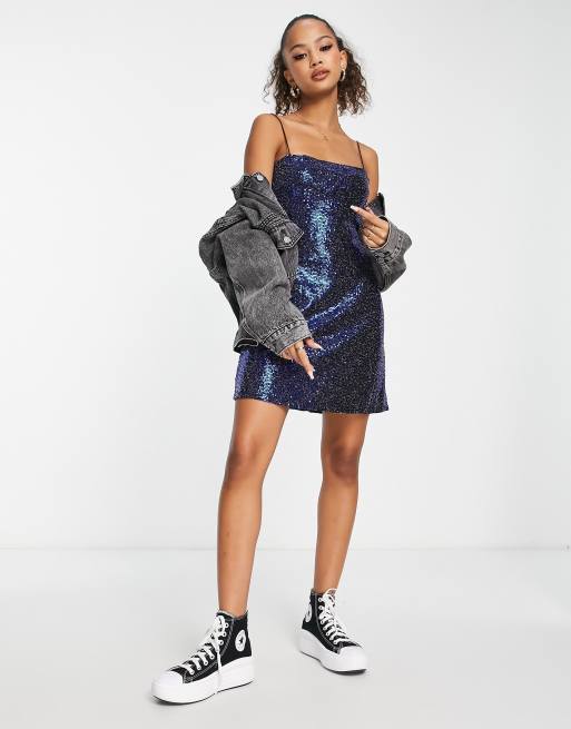 New Look - Jersey mini jurk met lovertjes in petrol blauw, 2 van 4