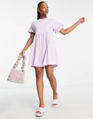 New Look jersey mini smock dress with frill sleeves in lilac