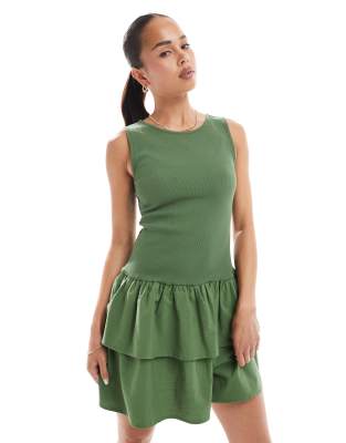 New Look New Look jersey ribbed tiered skirt mini dress in khaki-Green
