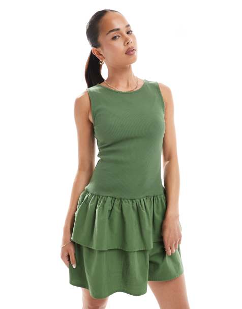 New Look jersey ribbed tiered skirt mini dress in khaki - view 1
