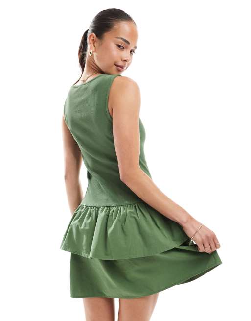 New Look jersey ribbed tiered skirt mini dress in khaki, 4 of 4