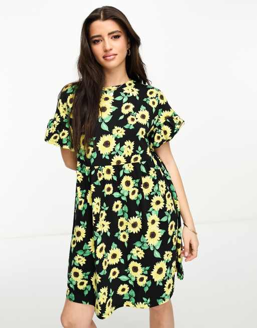 New Look jersey smock mini dress in yellow sunflower print