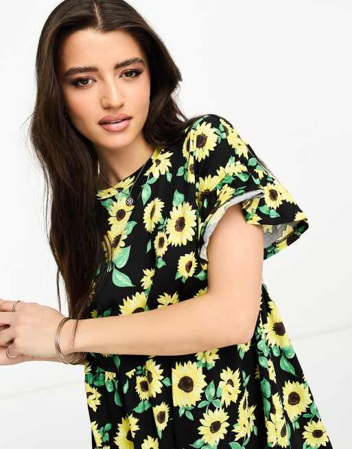 New Look jersey smock mini dress in yellow sunflower print, 3 of 4