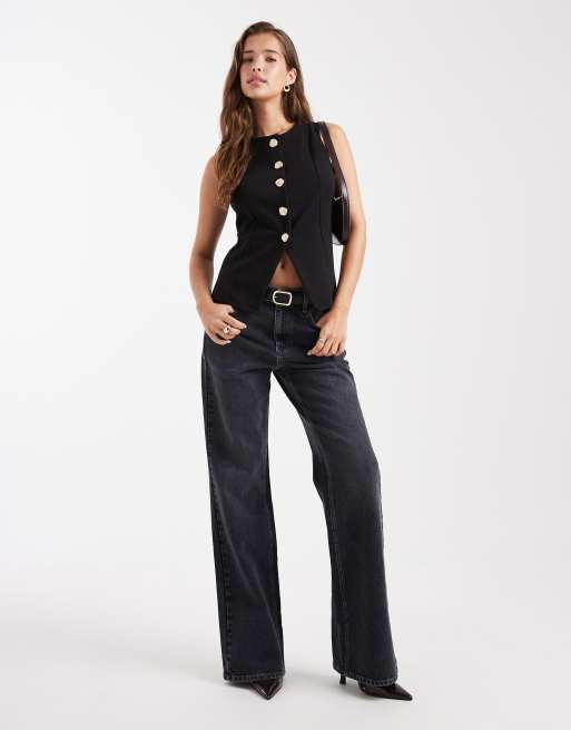 New Look jersey waistcoat with gold buttons in black, 2 of 4