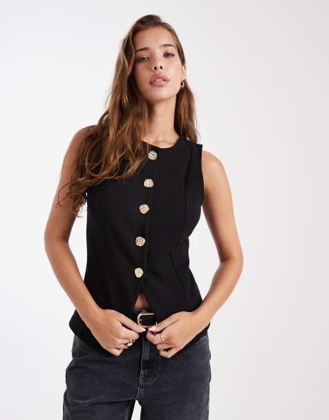 New Look – Jersey-Weste in Schwarz mit goldfarbenen Knöpfen - view 1