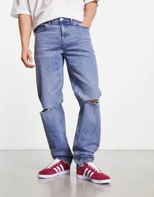 New Look straight fit with knee rips jeans in 90s mid wash blue