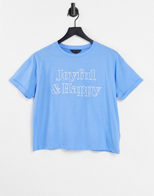 New Look joyful and happy embroidered t-shirt in light blue