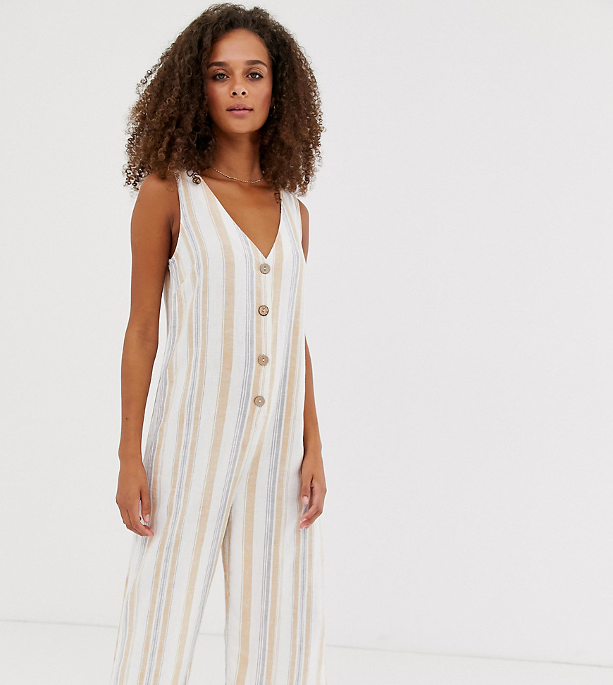 New Look jumpsuit with button front in stripe linen-Multi