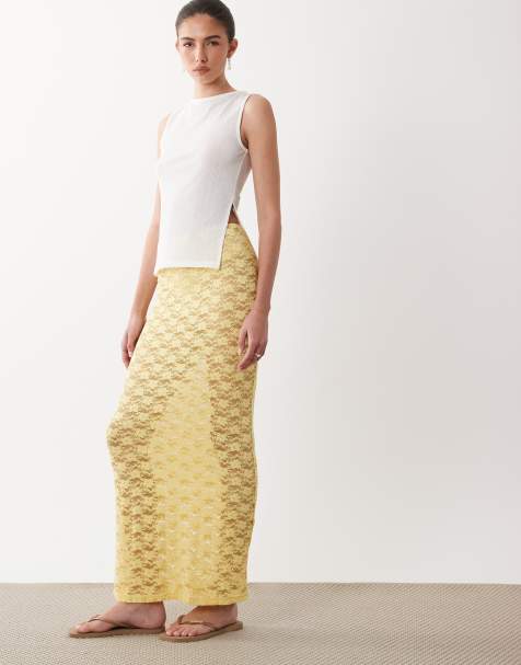 New Look - Jupe droite longue en dentelle - Jaune clair - view 1