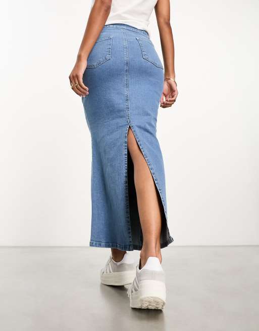 Jupe mi-longue trapèze boutonnée à la taille nacrée en bleu - Retro