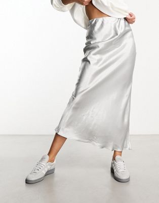 New Look satin maxi skirt in silver - ASOS Price Checker