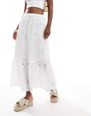 New Look - Jupe mi-longue à volants étagés en broderie anglaise - Blanc