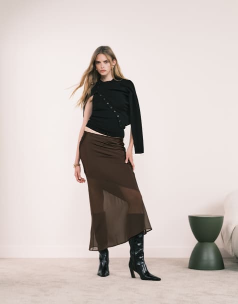 New Look - Jupe mi-longue en biais en satin et mousseline - Marron - view 1