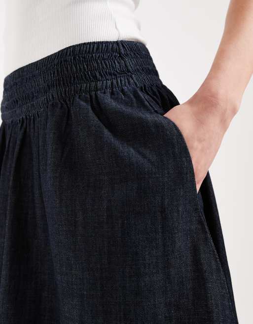 New Look - Jupe mi-longue en jean à taille froncée - Indigo, 3 de 5