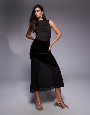 Jupe mi-longue en mousseline et velours - Noir 40
