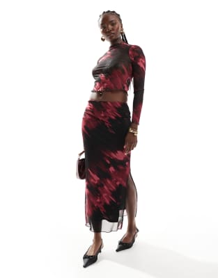 New Look - Jupe mi-longue en tulle à motif - Rouge - view 1