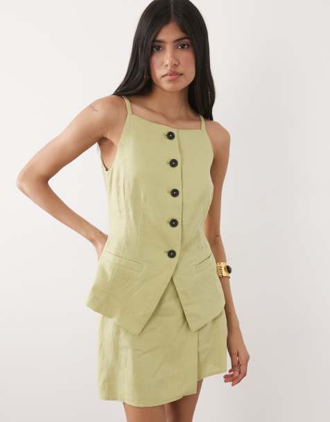New Look - Jupe-short portefeuille d'ensemble en lin mélangé - Vert clair - view 1