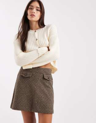 Jupe trapèze brossée à carreaux avec ceinture - Marron-Brown 36