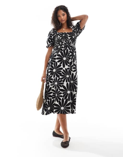 New Look - Jurk in melkmeisjes-stijl met pofmouwen en bloemenprint in zwart