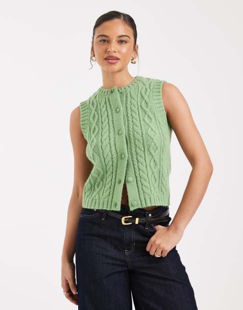 New Look - Kabelgebreid gilet in groen - view 1