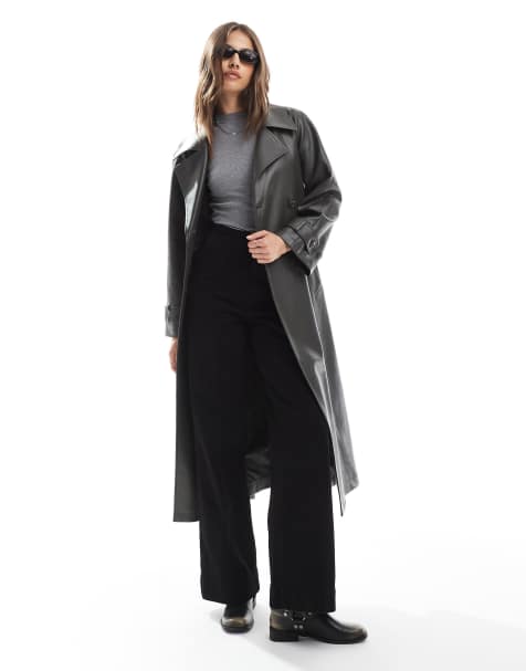 New Look – Kakifärgad trenchcoat i läderimitation - view 1