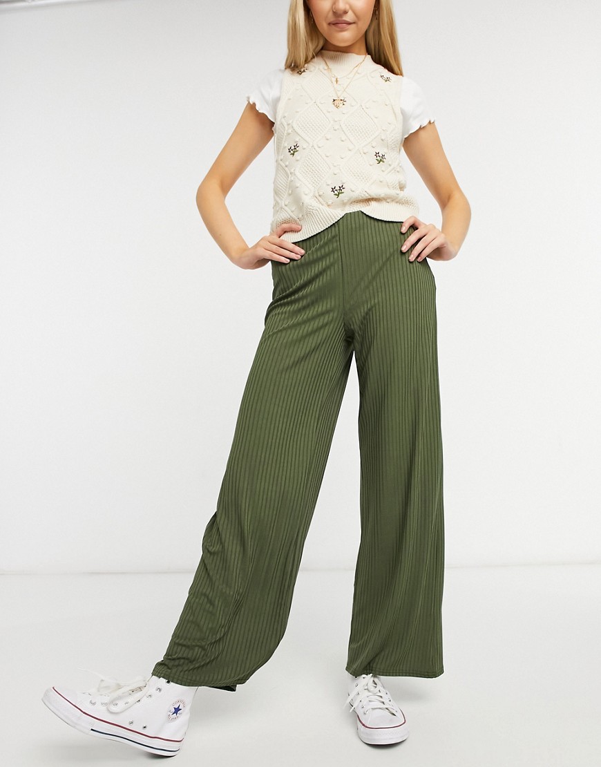 New Look - Kakifarvede ribstrikkede bukser med vide ben-Grøn