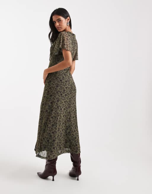 New Look - Kakifarvet midi-tea-kjole med blomsterprint i mesh, 4 af 4