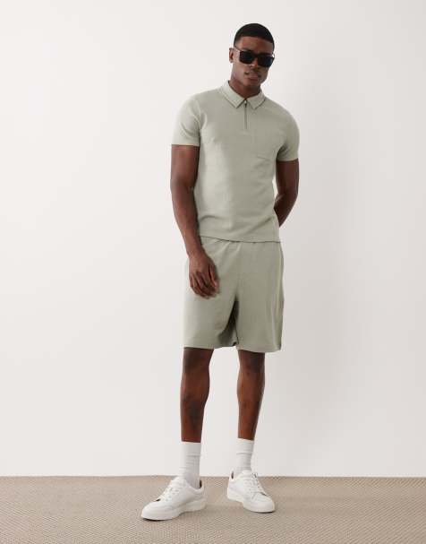 New Look - Kakigrønt sæt med tekstur bestående af shorts og polo-T-shirt med lynlås - view 1