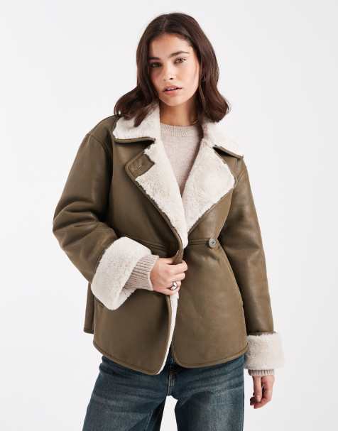 New Look – Kakigrön jacka i mixad fuskpäls - view 1