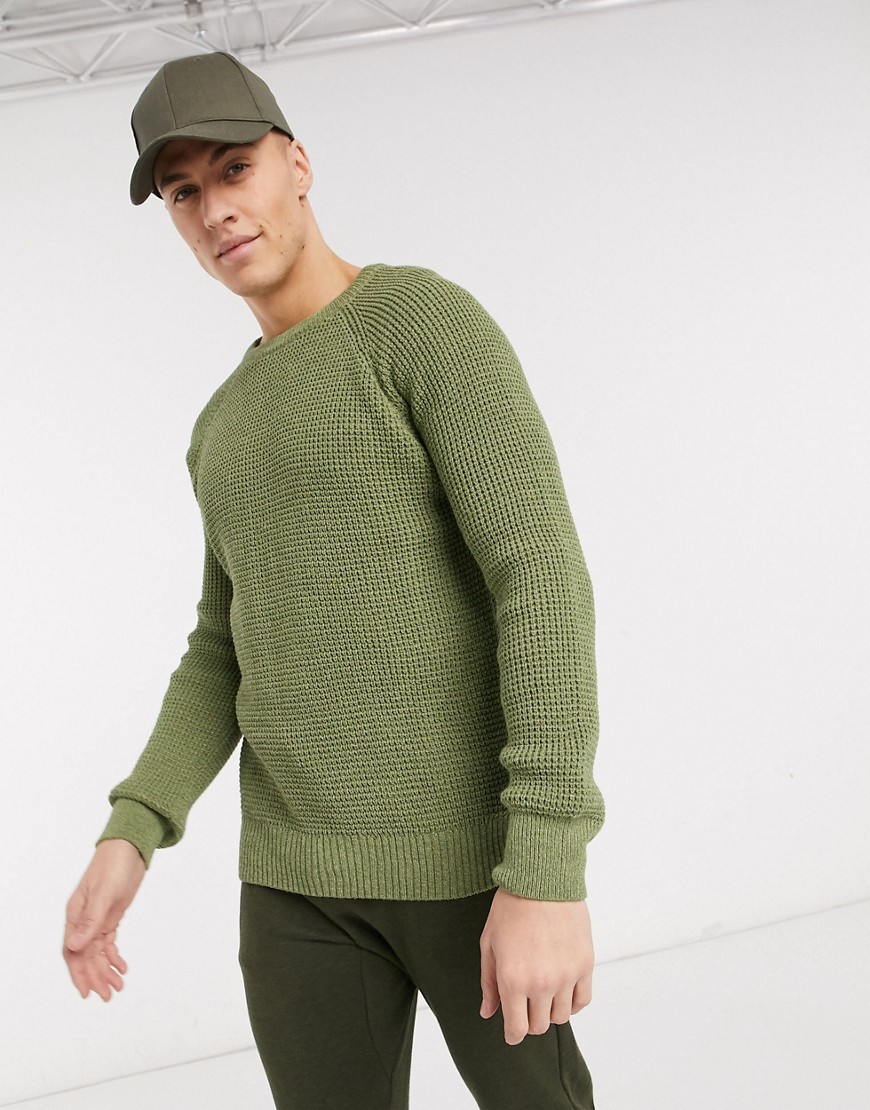 New Look – Kakigrön tröja i strukturerad stickning med raglan-ärm