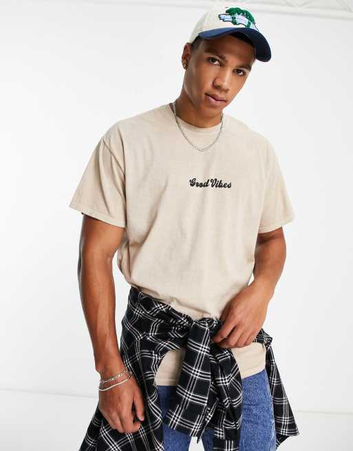 New Look – Kamiennobeżowy T-shirt z napisem „Good Vibes”