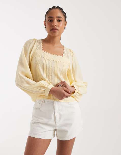 New Look - Kanten blouse met vierkante hals en kanten afwerking in geel - view 1